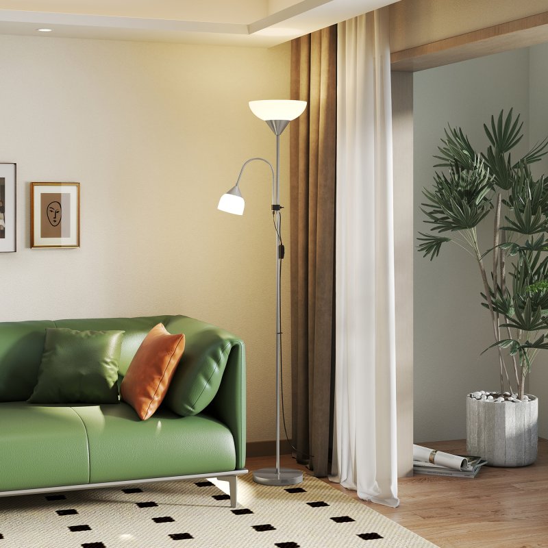 HOMCOM Modern Floor Lamp, Uplighter 2-Light Tall Standing Lamp with Adjustable Heads,  for Living Room, Bedroom, Office
