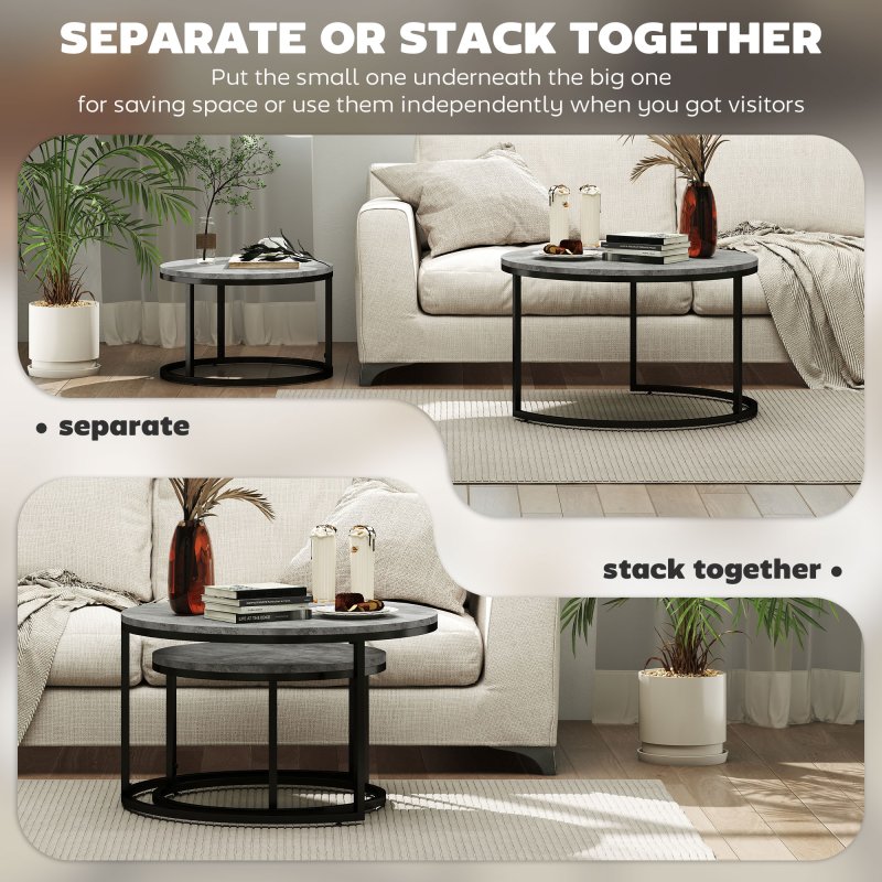 HOMCOM Round Nesting Coffee Table Set of 2, Large Stacking End Side Table with Steel Frame for Living Room, Bedroom, Home Office, 78.5 x 78.5 x 46.5 cm, Cement Grey
