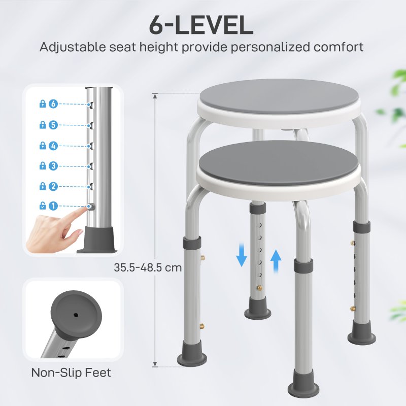 HOMCOM 360° Swivel Seat Bath Shower Stool, Adjustable Height Shower Chair with Aluminium Frame Non-Slip Feet Chair Safe Support Home Assistance, Grey
