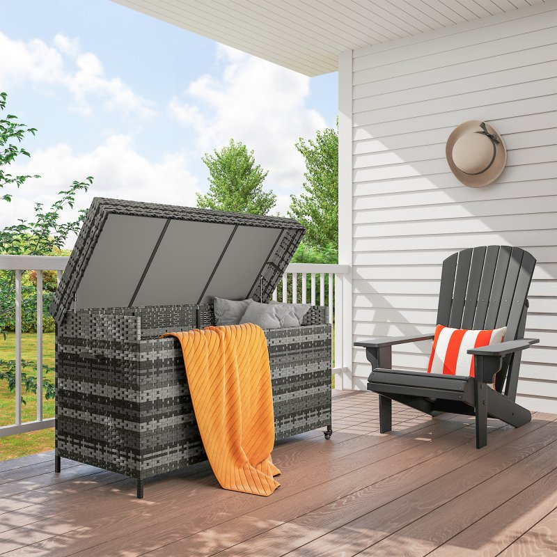 Outsunny 627 L Rattan Garden Storage Box, Outdoor Garden Cushion Storage Box with Gas Lift Lid and Wheels, Outdoor Rattan Chest Container for Cushions, Pillows and Tools, Dark Grey
