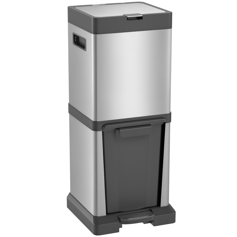 HOMCOM Dual Kitchen Bin, 20+14L Double Bin for Recycling and Waste, Stainless Steel Vertical Pedal Bin with Tilt Out Bin, Soft-Close Lid, Removable Inner Buckets and Handles, Silver
