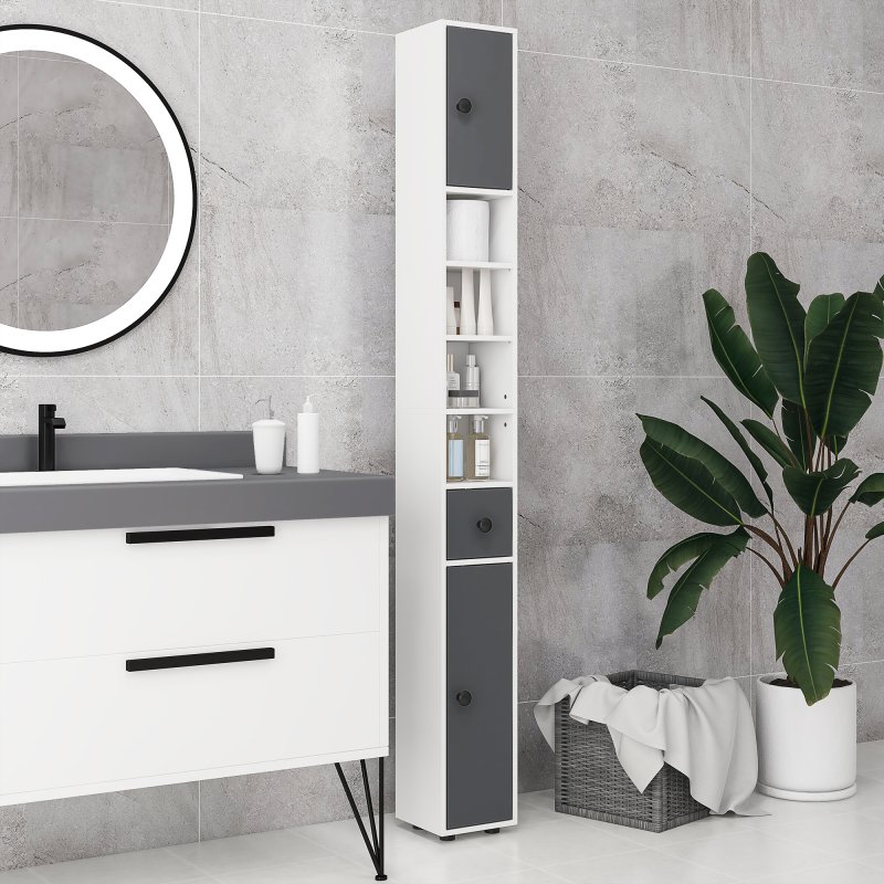 kleankin 180cm Tall Bathroom Cabinet, Slim Bathroom Storage Cabinet with 4 Open Shelves, 2 Door Cupboards and Adjustable Shelves