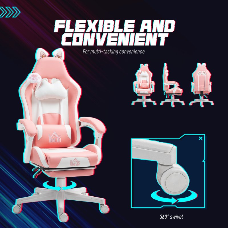 HOMCOM Gaming Chair for Adults with Cat Ears, Faux Leather Reclining Computer Chair with Footrest, Lumbar Support and Headrest, Height Adjustable Swivel Seat, Pink