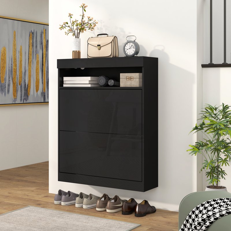 HOMCOM Narrow Shoe Cabinet, Wall Mounted or Freestanding Shoe Storage Cabinet with 2 Flip Drawers and Open Shelf for 12-16 Pairs of Shoes for Entryway, High Gloss