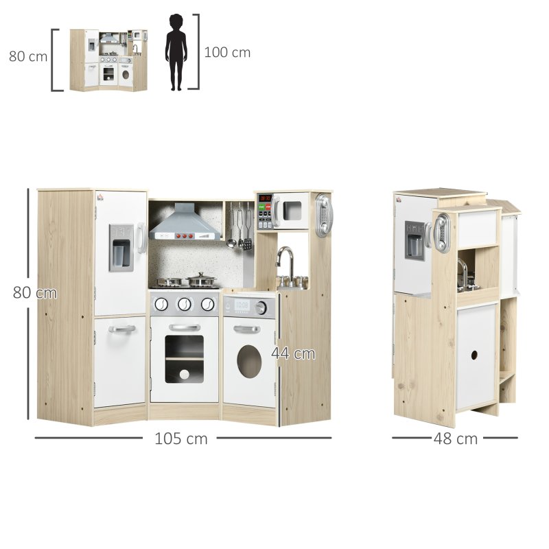 HOMCOM Kids Kitchen Playset Pretend Toy Kitchen w/ Role Play Accessories, Sound and Light Effects, Phone, Storage Space