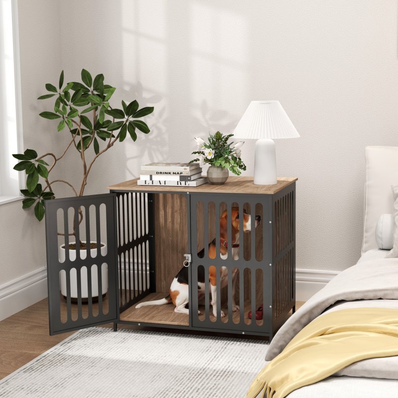 PawHut Dog Crate Furniture, Dog Cage Side End Table Indoor with Anti-Chew Resistant Mesh, Anti-Escape Door, for Medium Dogs, 80 x 55 x 72 cm, Walnut Brown