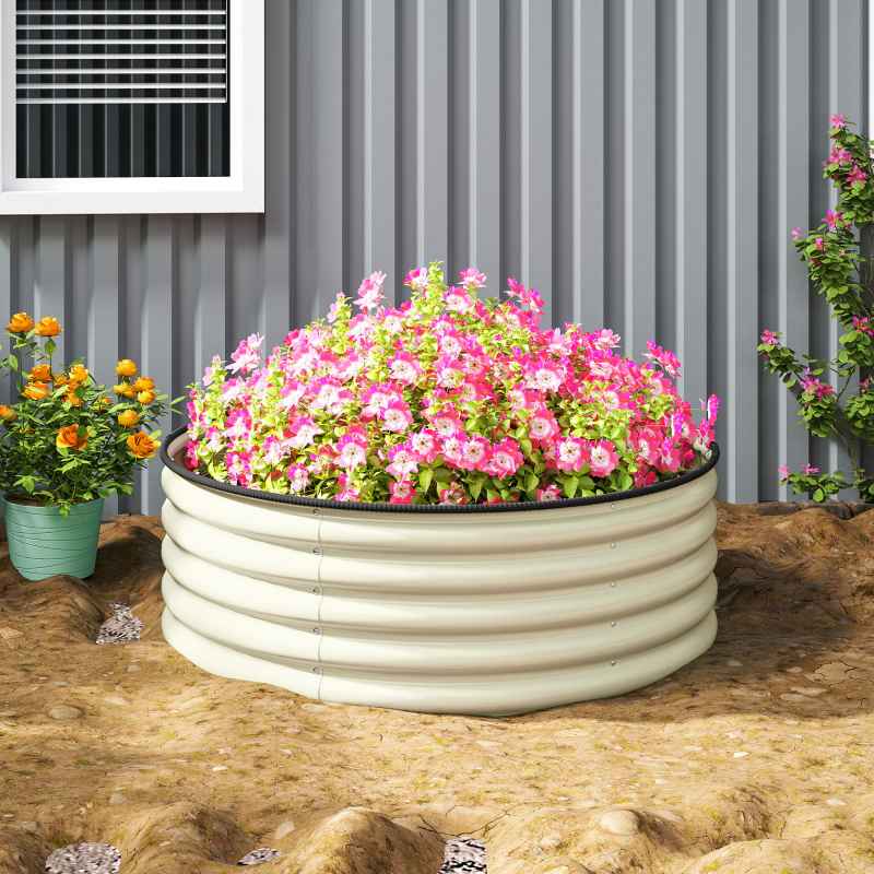 Outsunny Galvanised Raised Garden Bed with Safety Edging, Outdoor Raised Planter Box with Gloves and Open Bottom, Metal Raised Bed for Flowers, Vegetables and Herbs, 120 x 120 x 43cm, Cream White