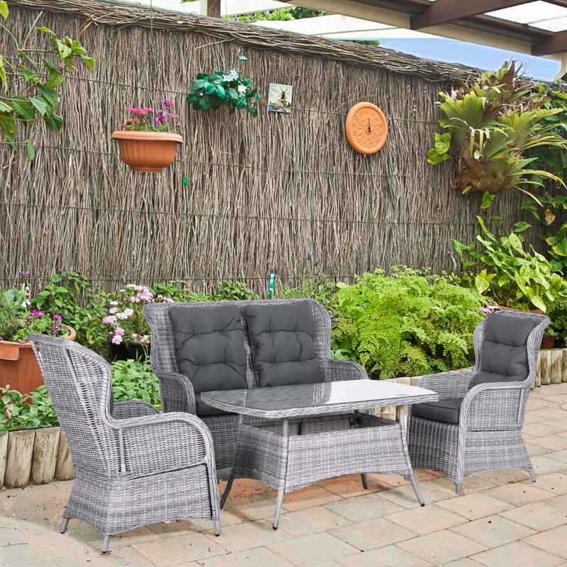 Outsunny Garden PE Rattan Dining Sofa Set, Outdoor 4 Seater Wicker Furniture, High Back Chairs with Cushions, Tempered Glass Coffee Table for Patio, Mixed Grey