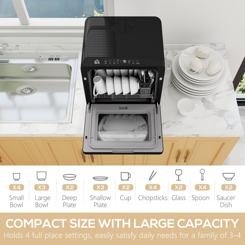 HOMCOM Table Top Dishwasher, Mini Countertop Dishwasher No Plumbing with Built-in 6L Water Tank, 6 Programs, Touch Control, LED Display, 4 Place Settings, Dual Water Supply and Fruit Wash, Black