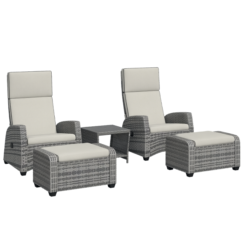 Outsunny 5 Pieces PE Rattan Garden Furniture Set, Wicker Outdoor Furniture Set with Reclining Chairs, Coffee Table, Footstools and Thick Cushions for Balcony, Patio, Grey