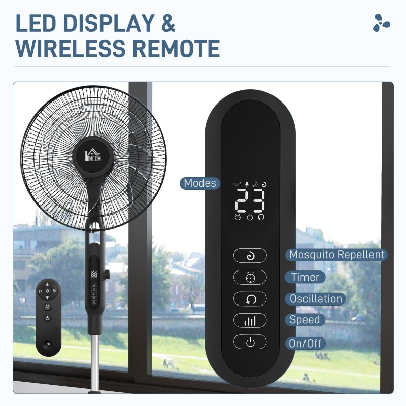 HOMCOM Quiet Pedestal Fan, 17.5 Inch Standing Fan with 28 Speeds, 3 Modes, 75 Degree Oscillation, 12-Hour Timer, Adjustable Height, Mosquito Repellent Function for Bedroom, Home Office, Black