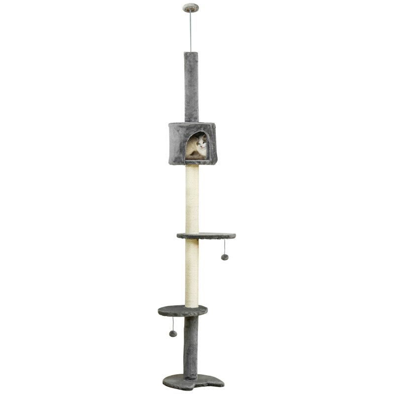 PawHut Floor to Ceiling Cat Tree for Indoor Cats, Kitten Tower, Condo, Multi-Layer Activity Center, Indoor Pet Play House with Solid Scratching Post Hanging Balls, Light Grey