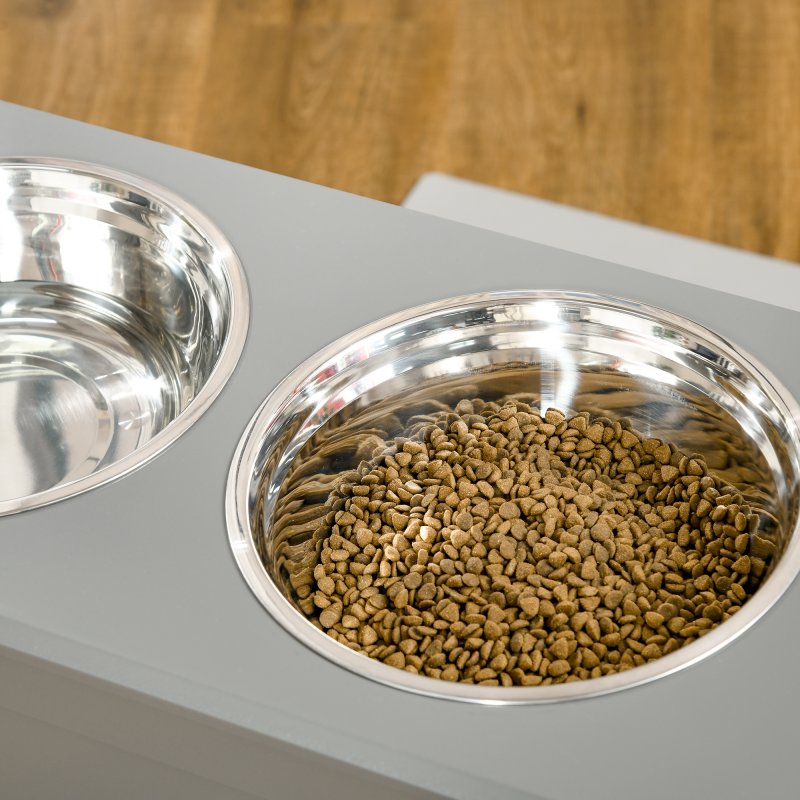 PawHut Raised Dog Bowls, Pet Feeding Storage Station with Two Stainless Steel Bowls, Base, for Large Dogs, Grey