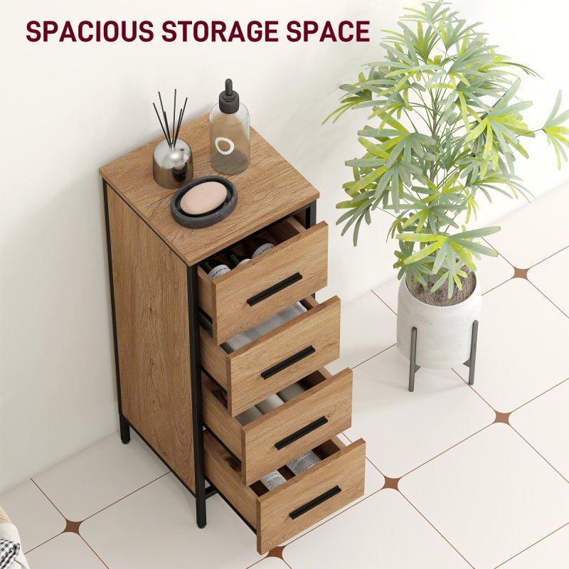 HOMCOM Narrow Bathroom Storage Cabinet, Industrial Slim Bathroom Storage Unit with 4 Drawers and Steel Frame for Small Spaces, 30 x 30 x 82 cm, Oak