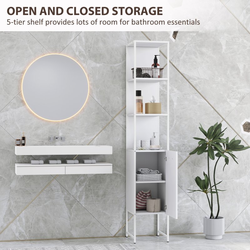 HOMCOM Tall Bathroom Cabinet, Slim Bathroom Storage Cabinet with 3 Open Shelves and Adjustable Shelf, Freestanding Storage Cupboard, 33 x 33 x 185 cm