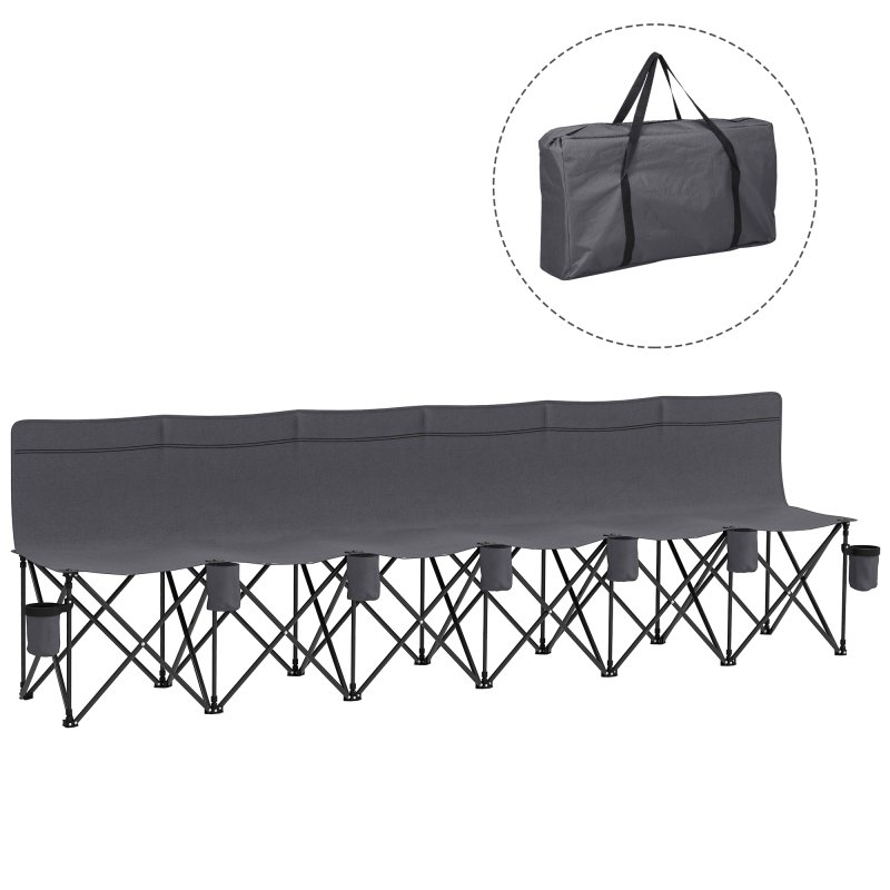 Outsunny 6 Seater Folding Bench, Outdoor Camping Chair Portable Sports Spectator Chair with Metal Frame, Cup Holder & Carry Bag, Charcoal Grey