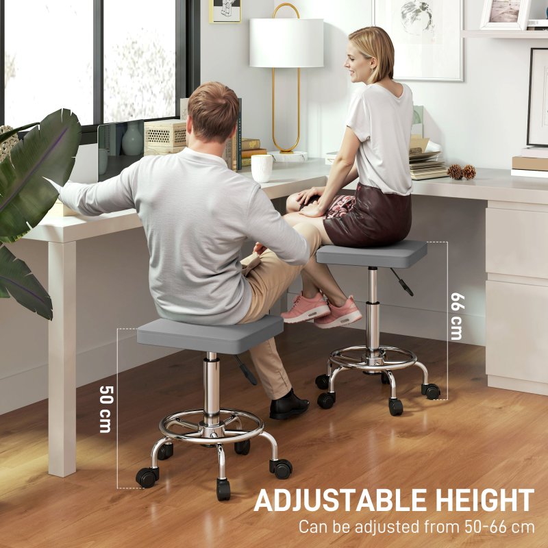 HOMCOM Square Rolling Stool, Height Adjustable PU Leather Salon Chair with Padded Seat and Foot Rest, Swivel Beauty Stool on Wheels for Spa Drafting Salon Tattoo Work Massage, Grey