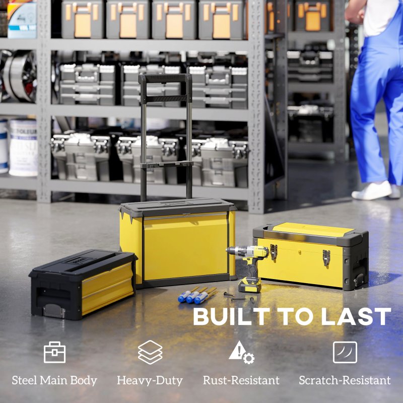 HOMCOM 3-in-1 Rolling Tool Box, Stackable, Modular Powder Coated Steel Toolbox with Tray, Handles, Latches, Wheels, Heavy Duty Tool Storage System for Workshop, Garage, 520mm x 320mm x 720mm, Yellow