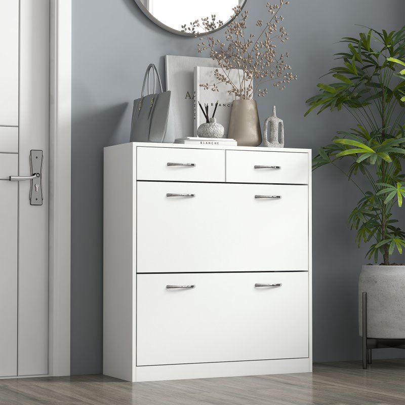 HOMCOM Narrow Shoe Cabinet, Slim Shoe Storage Cabinet with 2 Flip Drawers, 2 Slide Out Drawers and Adjustable Shelves for 12 Pairs of Shoes for Entryway Hallway