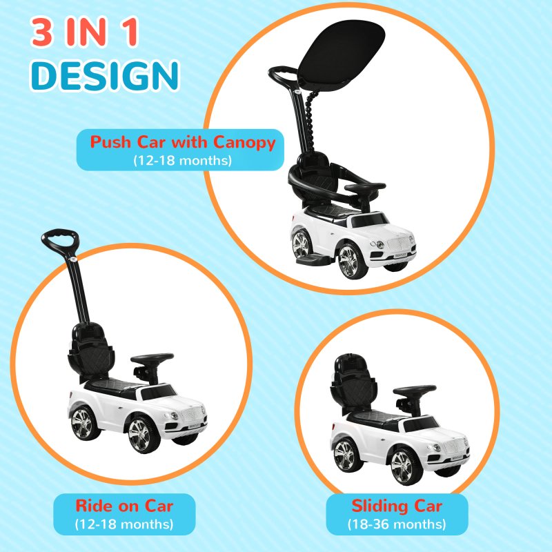 AIYAPLAY Bentley Bentayga Licensed Baby Push Car, 3-in-1 Ride on Car Foot to Floor Sliding Car with Removable Push Handle, Canopy, Horn Music, Storage, Safety Guardrail, for 12-36 Months, White