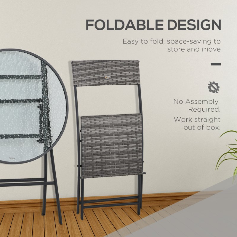 Outsunny 3 Pieces Rattan Bistro Set, Wicker Folding Garden Furniture Set with Glass Top Coffee Table and Chairs for Outdoor, Patio, Balcony, Grey