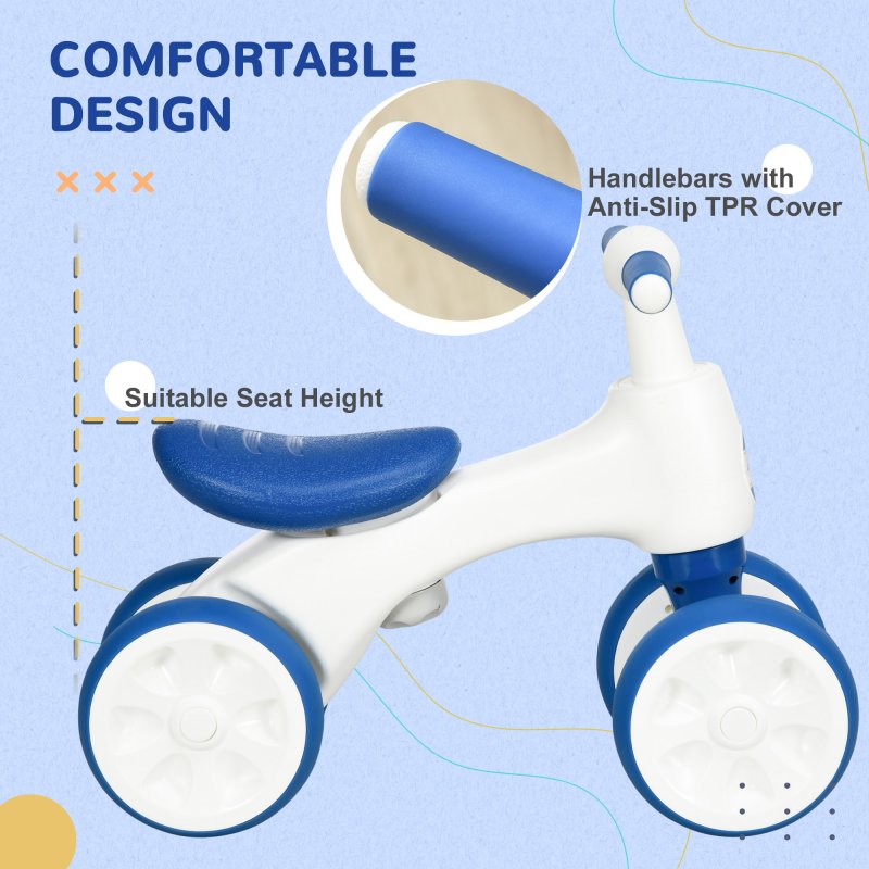 AIYAPLAY Baby Balance Bike, Lightweight First Training Bike, with Anti-Slip Handlebars, Four Wheels, No Pedals, for Ages 18-36 Months - Blue