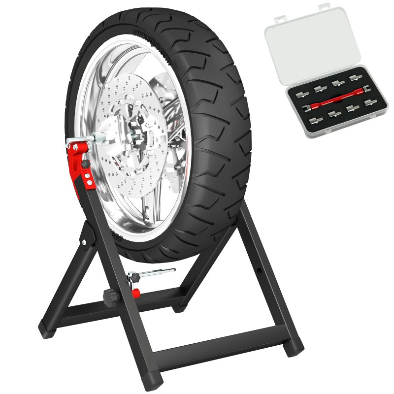 HOMCOM Foldable Motorcycle Wheel Balancer Truing Stand with Spoke Wrench, Steel Bike Tyre Rim Balancing Stand with Aluminium Shaft, Fits Wheels up to 23" in Diameter, 5" in Width, Black
