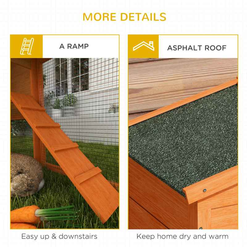 PawHut Rabbit Hutch Outdoor, 2 Tier Guinea Pig Hutch with Run, Ramp, Slide-out Tray, Asphalt Roof, 150 x 45 x 85cm