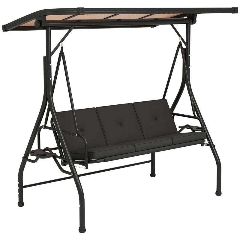 Outsunny 3 Seater Garden Swing Seat Bed with UPF30+ Adjustable Canopy, Convertible Swing Chair with Cushion, Outdoor Hammock Bench with Cup Trays for Balcony Patio, Black