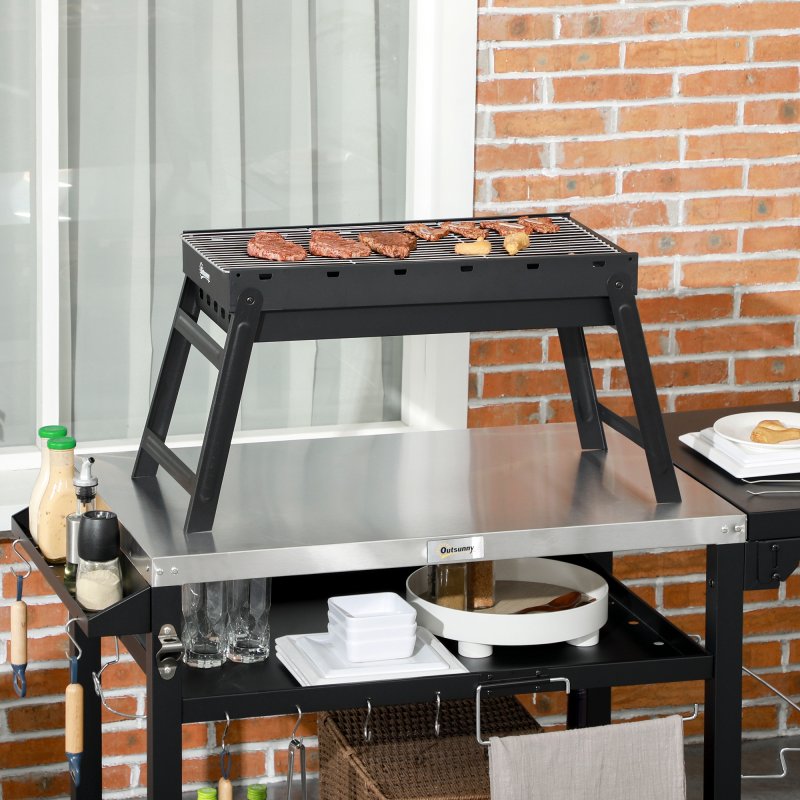 Outsunny Portable Charcoal Grill with Pull-Out Charcoal Basin, Folding Tabletop Barbecue, Compact Camping BBQ, Galvanised Metal, 73 x 31 x 38 cm, Black