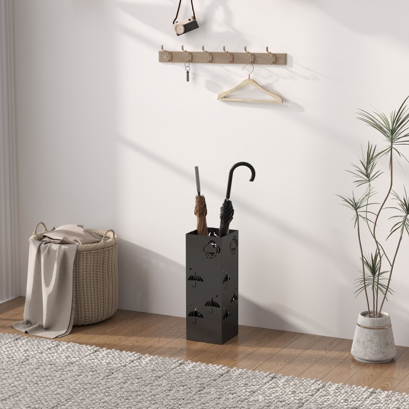 HOMCOM Metal Umbrella Stand, Square Umbrella Holder with Removable Drip Tray and 4 Hooks, Decorative Umbrella Storage Rack for Hallway, Entryway, 15.5 x 15.5 x 41 cm, Black