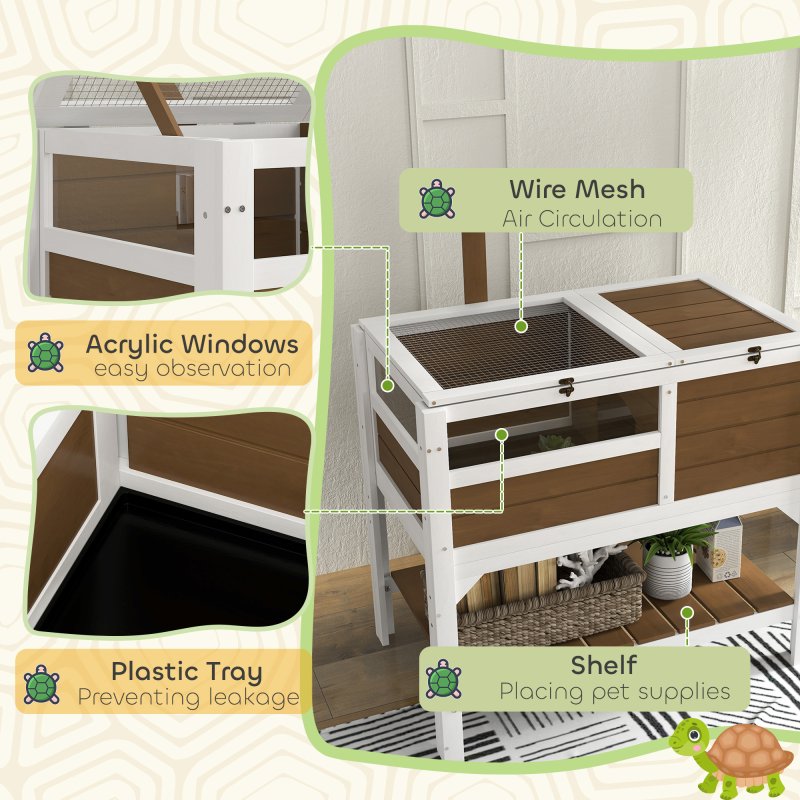 PawHut Tortoise House w/ Shelf, Small Pet Reptile Wooden House w/ Hide Shelter Den and Run, Lamp Holder, Tray, for Indoors, Outdoors - Brown