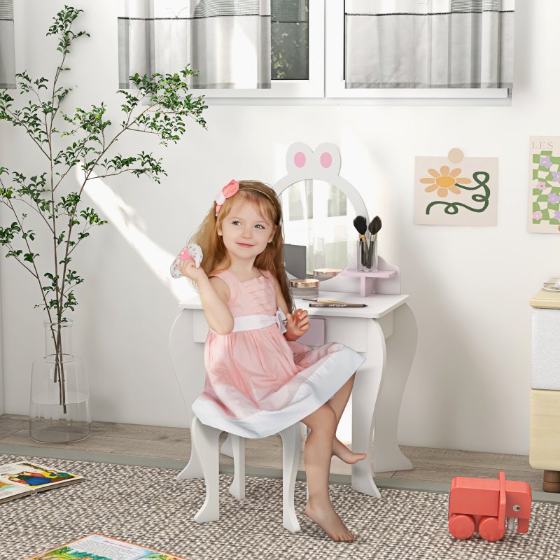 ZONEKIZ Kids Dressing Table with Mirror and Stool , Kids Vanity Table Girls Dressing Table with Drawer, Storage Shelf, Rabbit Design, for Ages 3-6 Years - White and Pink