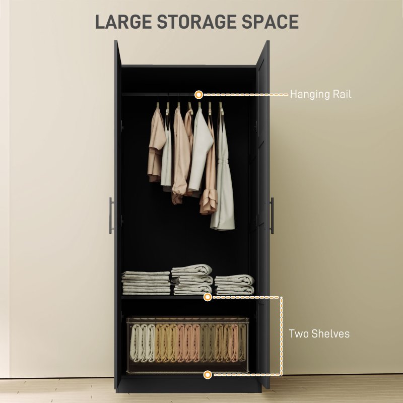 HOMCOM 2 Door Wardrobe for Bedroom, Double Wardrobe with Shelves and Hanging Rail, Modern Bedroom Furniture, Black