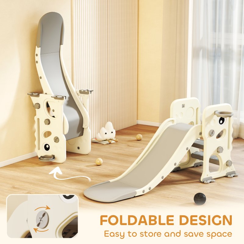 AIYAPLAY 3-in-1 Kids Slide, Foldable Dinosaur Shape Toddler Slide with Climber, Basketball Hoop and Ball, Indoor Playground Equipment for Ages 2-5, Cream White