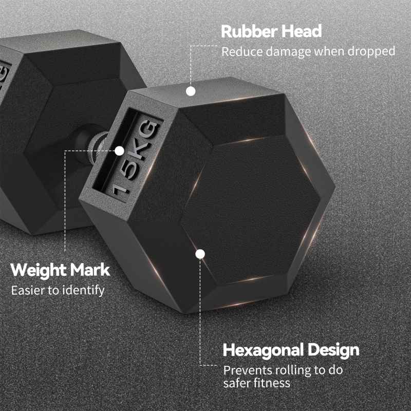 HOMCOM 2x15KG Rubber Hex Dumbbell Portable Hand Weights Dumbbell for Home Gym Workout Fitness