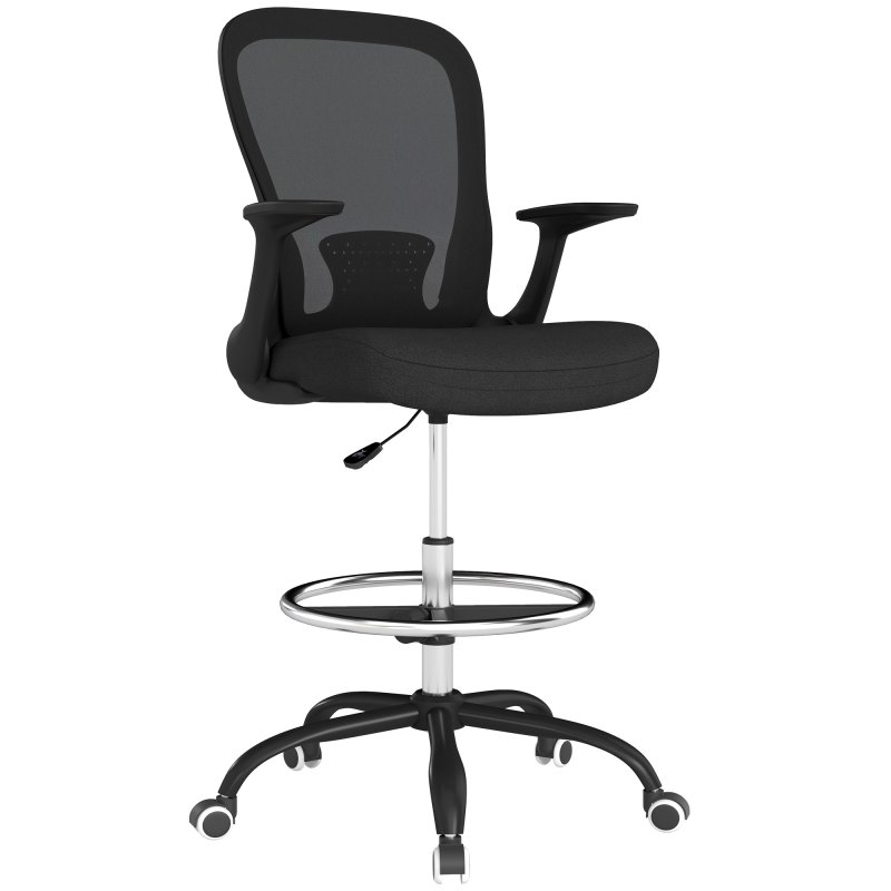HOMCOM Drafting Chair, Swivel Draughtsman Chair, Ergonomic Office Chair, Mesh Standing Desk Chair with Flip-up Armrest, Lumbar Support, Adjustable Foot Ring, Black