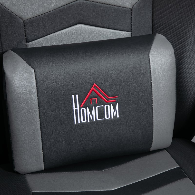 HOMCOM Massage Recliner Chair with Remote, PU Leather Recliner Armchair with Cup Holders and Side Pockets, Racing Style Reclining Chair with Headrest, 360° Swivel, Lumbar Support, Grey