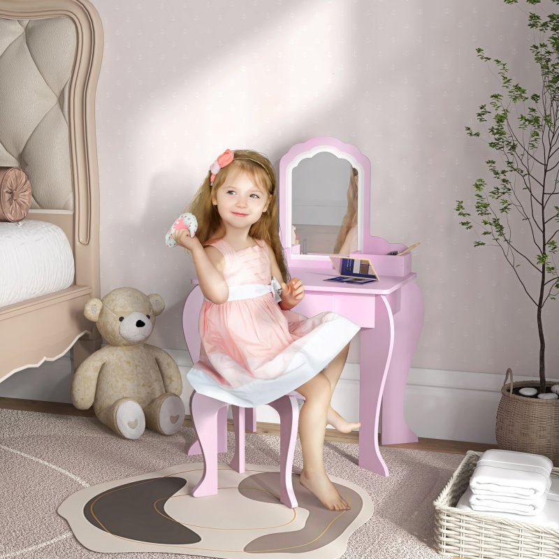 ZONEKIZ Kids Dressing Table, Kids Vanity Table, Girls Dressing Table with Mirror, Stool, Drawer, Storage Boxes, Cloud Design, for Ages 3-6 Years - Pink