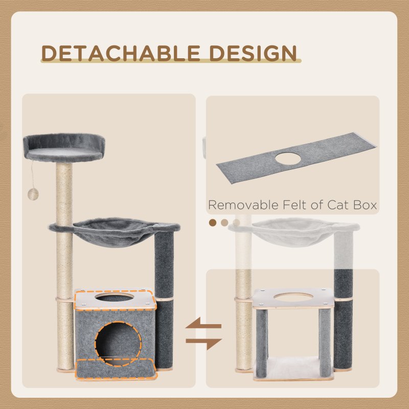 PawHut Cat Tree for Indoor Cats 95cm Climbing Tower Kitten Activity Center with Sisal Scratching Post Perch Roomy Condo Hammock Removable Felt Hanging Toy, Grey