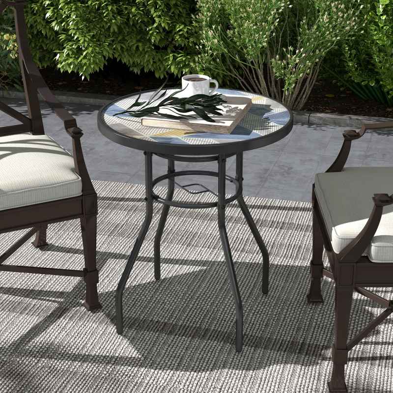 Outsunny 60 cm Garden Round Coffee Table,  Outdoor Side Table with Tempered Glass Printed Table Top and Foot Pads for Porch, Balcony, Multicolour