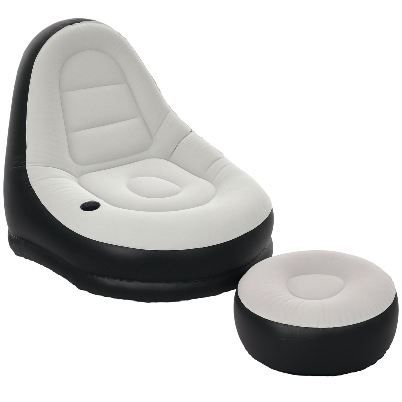 Outsunny Inflatable Chair and Footstool, Inflatable Sofa Lounger with Soft Plush Fabric and Cup Holder, for Camping, Gaming, Reading and Movie Watching, Grey