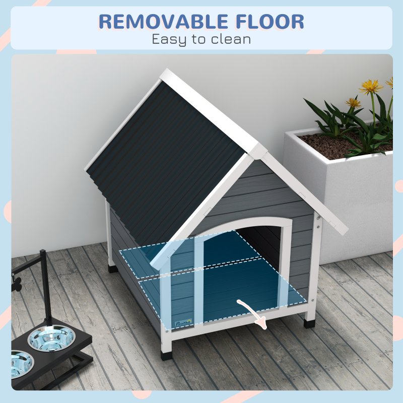 PawHut Wooden Dog House Outdoor, Dog Kennel with Removable Floor, Elevated Pet Shelter, Anti-Corrosion Wood, for Small Medium Dogs, 82H x 75W x 88Dcm - Grey