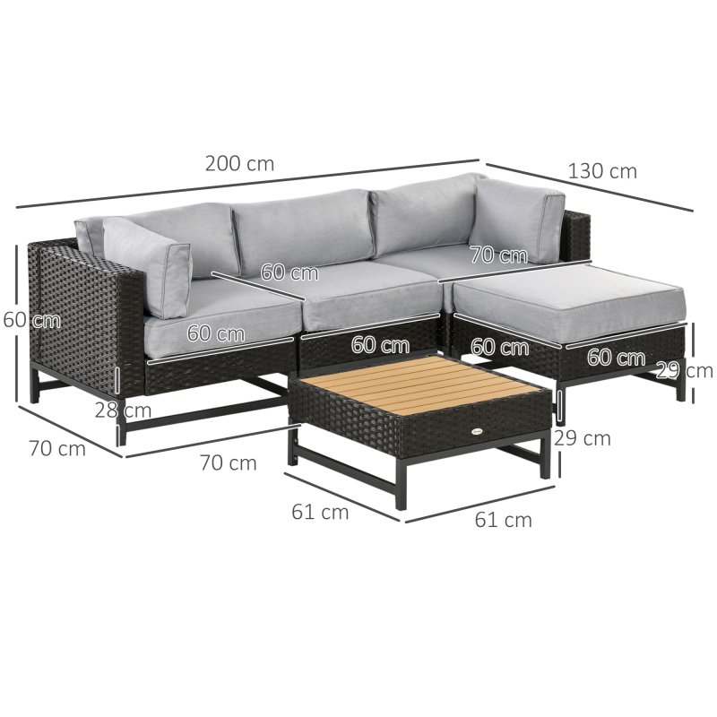 Outsunny 5 Piece Outdoor PE Rattan Corner Sofa Set with Cushions, Wicker Rattan Garden Furniture  with Wood-Effect Top Table, Brown