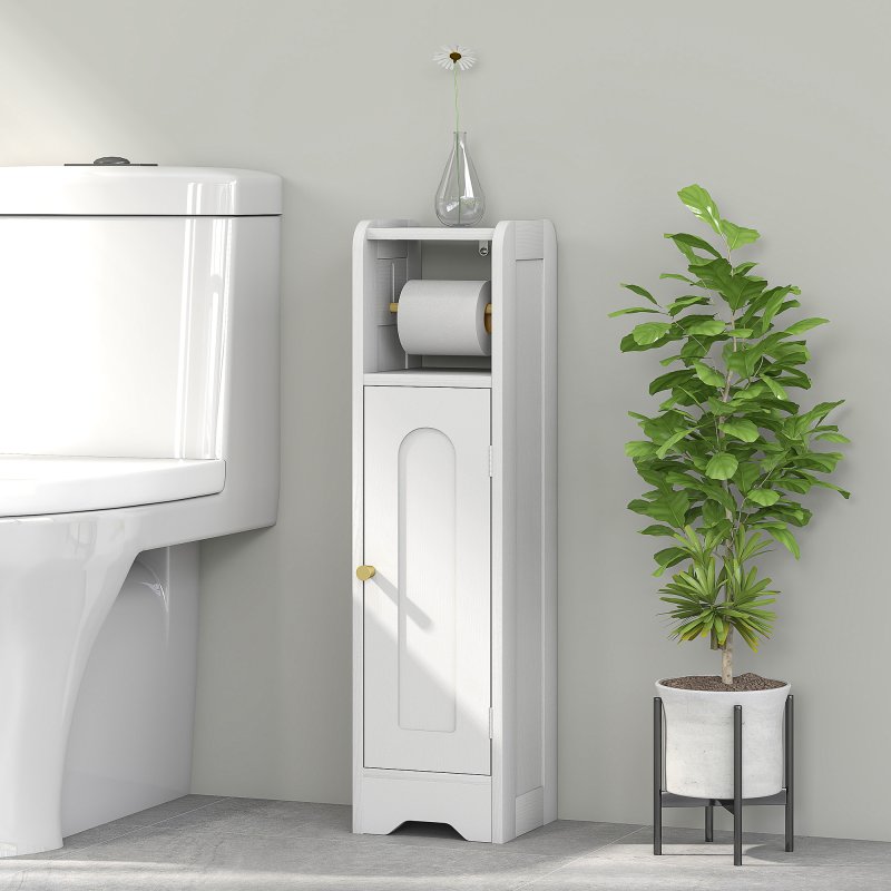 HOMCOM Small Bathroom Storage Cabinet, Freestanding Toilet Roll Holder, Slim Bathroom Cabinet with Adjustable Shelf for Small Spaces, White