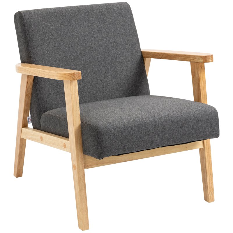 HOMCOM Accent Armchair, Living Room Chair, Wooden Upholstered Single Lounge Chair with Rubber Wood Legs and Padded Seat , Leisure Sofa Chair for Bedroom Office, Dark Grey