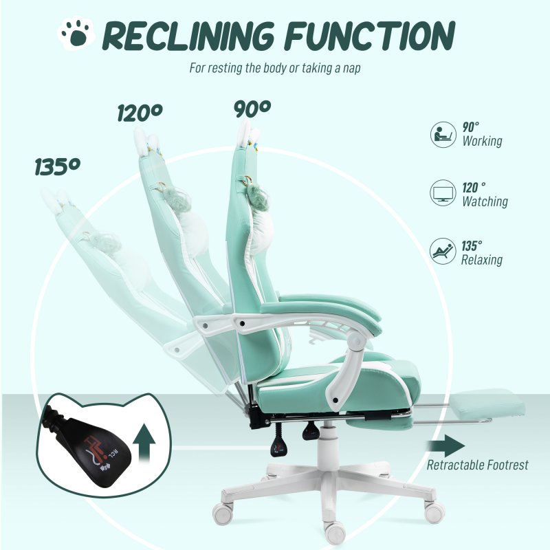HOMCOM Gaming Chair for Adults with Cat Ears, Faux Leather Reclining Computer Chair with Footrest, Lumbar Support and Headrest, Height Adjustable Swivel Seat, Light Blue