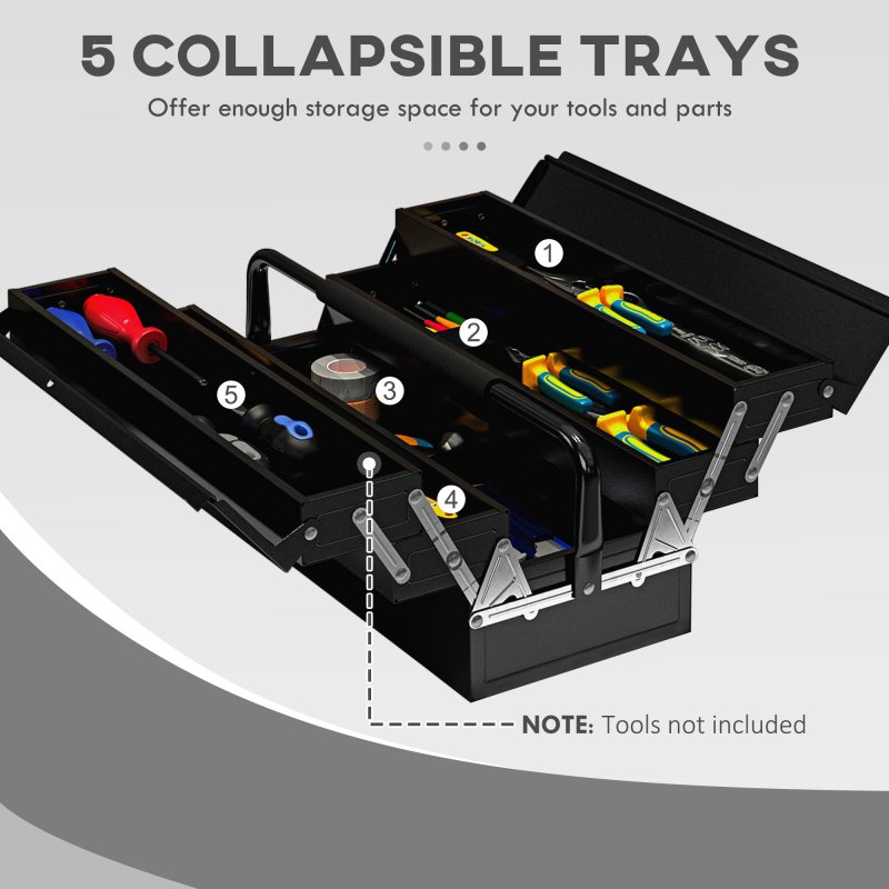 DURHAND Metal Tool Box 3 Tier 5 Tray Professional Portable Storage Cabinet Workshop Cantilever Toolbox with Carry Handle, 45cmx20cmx34.5cm, Black