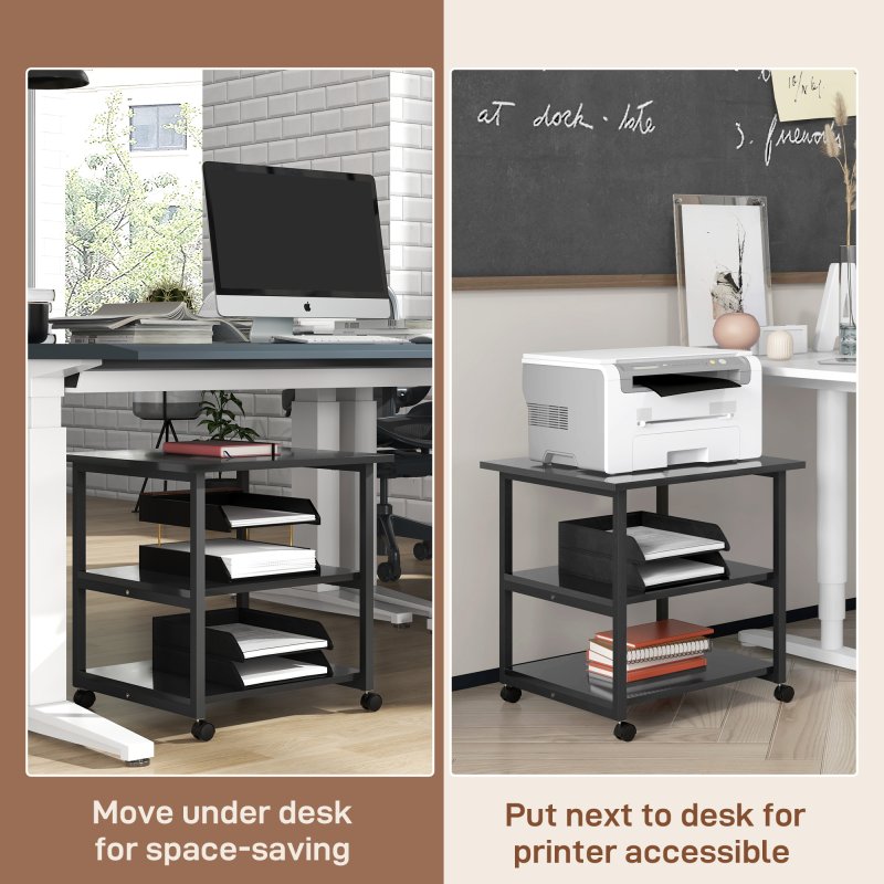 HOMCOM 3-Tier Printer Stand with Storage Shelf, Mobile Printer Table on Wheels, 50 x 50 x 52.5cm Rolling Printer Cart for Home Office, Black