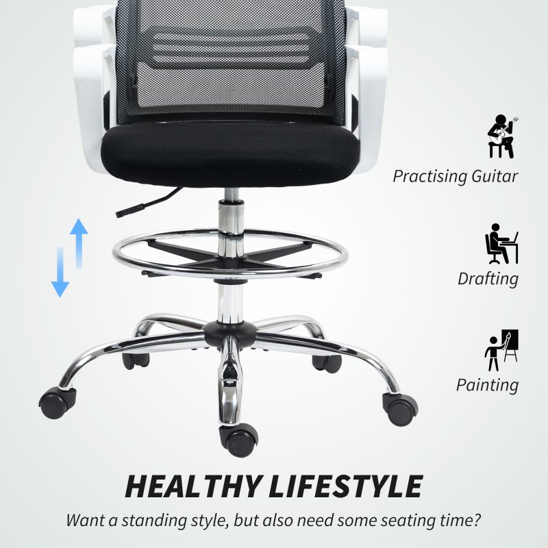 HOMCOM Drafting Chair, Swivel Draughtsman Chair, Ergonomic Office Chair, Mesh Standing Desk Chair with Lumbar Support, Adjustable Foot Ring, Adjustable Height, Black